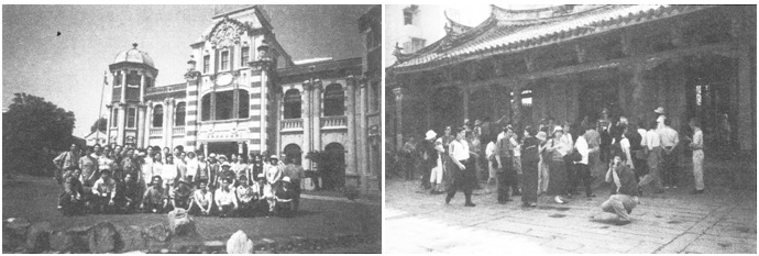 左圖為鹿港民俗文物館前家族合影/右圖為龍山寺探勘建築之美。