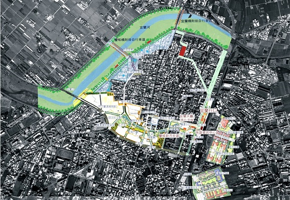 舊城振興計劃推動十年之計劃整合示意圖(圖片來源：宜蘭縣政府，2004，10)