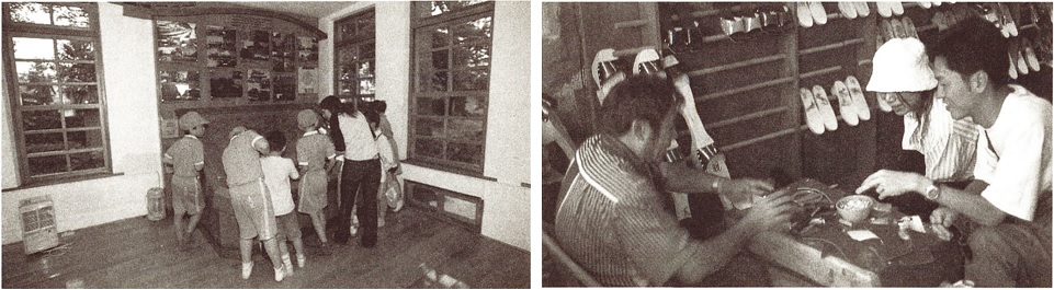 左圖為學童參觀活動(設治紀念館)。蘭陽博物館提供/右圖為現場量製合腳的木屐(白米木屐村)。郭文豐提供