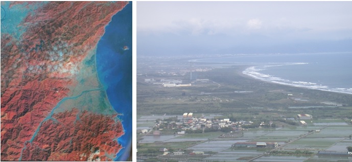 左圖圖一：宜蘭縣衛星地形圖〈引用宜蘭縣地裡圖集〉 / 右圖圖二：蘭陽溪河口沙嘴。