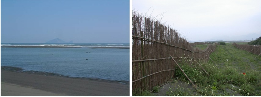 左圖圖七：蘭陽沖積海岸的沙洲地形 / 右圖圖八：沙丘及定沙的竹籬