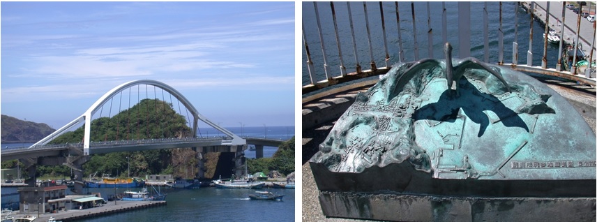 左圖圖十二：南方澳大橋跨越蘇澳港與陸連島，造型優美的單拱橋 / 右圖圖十三：橋上景觀台有銅鑄南方澳港區地圖模型。