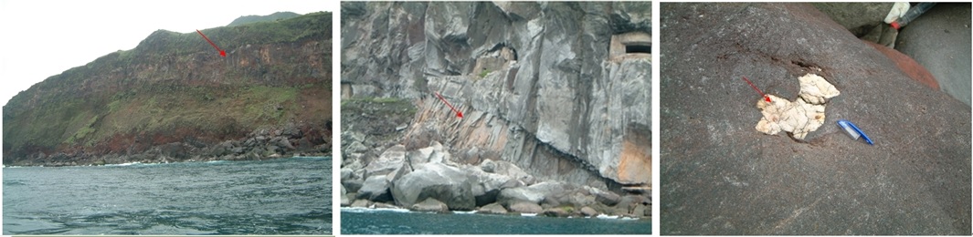 左圖圖六之一：龜甲北面海崖的岩層解理構造（箭頭處 / 中圖圖六之二：龜尾南面軍事碉堡的下方垂直向的岩層解理構造（箭頭處） / 右圖圖七：白色的深部石英岩（箭頭處）被安山岩捕獲至地表。