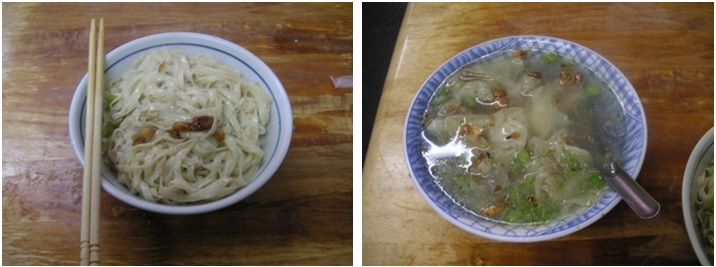 左圖：彈性頗佳的乾麵麵條。 / 右圖：扁食湯也是老店的招牌菜之一。