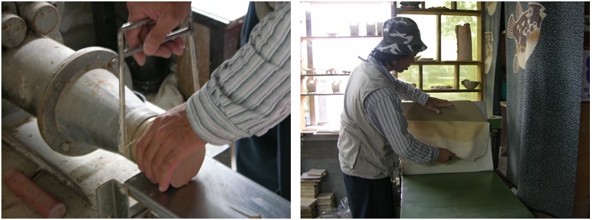 左圖：先鍊土3次：使用機器將陶土擠壓呈真空狀態  / 右圖：壓陶版：使用機器將陶土呈均勻的片狀，機器可控制厚度。
