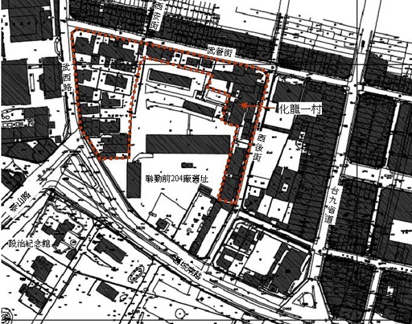 化龍一村地形圖，現今聯勤前204廠舊址上之建物已全部被拆除。（資料來源，宜蘭市公所）