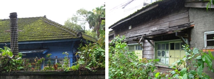 左圖：日式木造房舍正面的雨淋板與屋頂仍保存原貌。 / 右圖：日式木造房舍背面仍保存原貌。