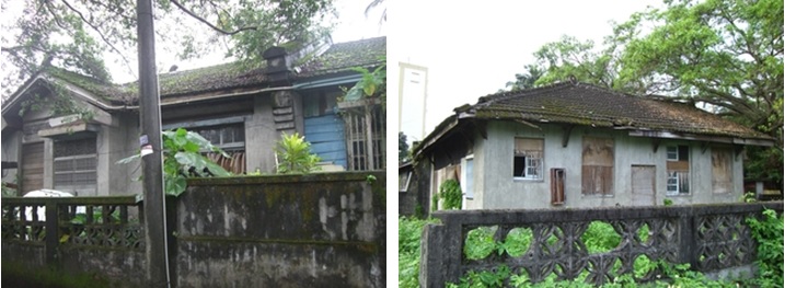 左圖：正向立面外牆仍為木造雨淋板。 / 右圖：建物與圍牆關系，外牆改以磚造整建。