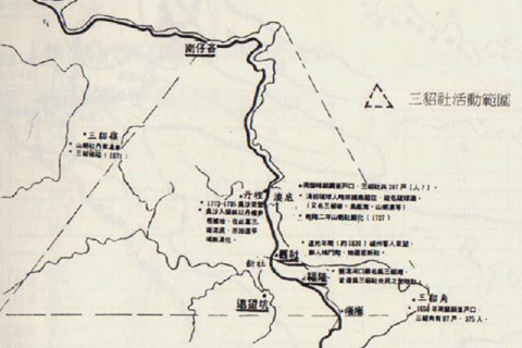三貂嶺地理位置圖，可見當時淡蘭交通僅是少數漢人循著凱達格蘭人使用的路徑而行，未有頻繁往來。摘自《嶐嶺及草嶺古道人文史蹟、自然資源調查報告》