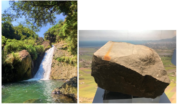 左圖：猴洞坑瀑布。許智邦攝 / 右圖：四稜砂岩。蘇美如攝