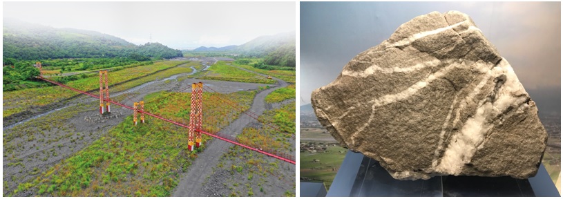 左圖：寒溪吊橋。許智邦攝 / 右圖：變質砂岩。蘇美如攝
