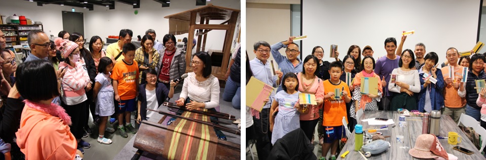 左圖：比穗老師 (Pisuy)示範織布機的操作   / 右圖：工作坊夥伴拿著自己的作品和講師們合照