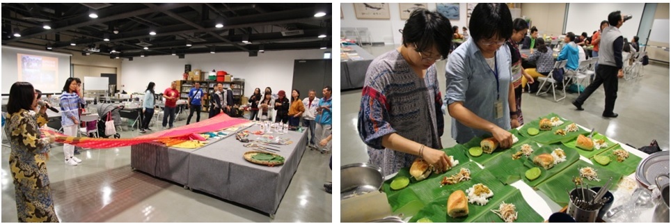 左圖：美媖老師為學員們介紹她家鄉豐富多元的文化   / 右圖：學員們體驗用手享用美味的東南亞手抓飯「拼盤」