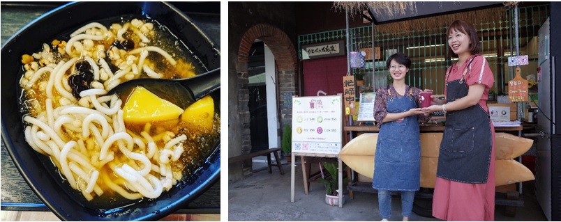 左圖：一碗沁涼的古早味米苔目。 / 右圖：小鎮裡的活力甜點─石花凍。