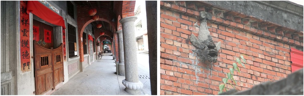 左圖：源合成的三連弧及洗石子圓柱構成古色古香的建築風貌。 / 右圖：女兒牆上兩尊鰲魚形象的出水口。