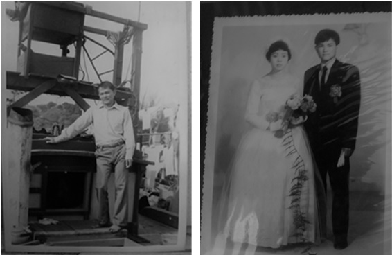 左圖：陳榮於船艙板上留影。 / 右圖：新婚照片。