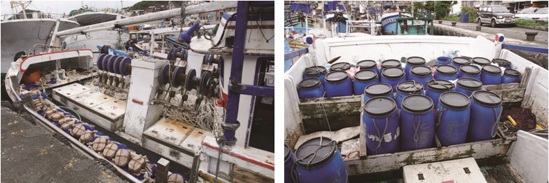 左圖：珊瑚船船首。林阿乾船長提供 / 右圖：放置在船尾的淡水儲水桶。林阿乾船長提供