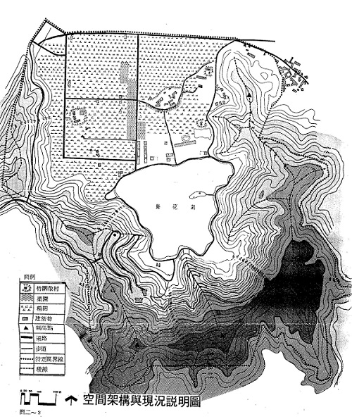 梅花湖空間架構與現況說明圖。摘自《宜蘭縣觀光發展細部計畫規劃報告》