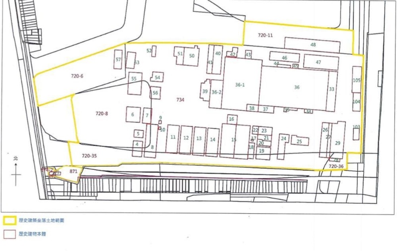 中興紙廠四結廠區歷史建築群空間圖。（標示104、105倉庫為中里倉庫）