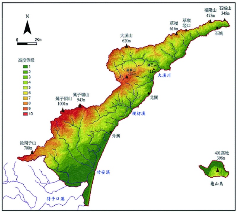 圖1-3-1 頭城地形高度分層設色圖。（來源：張政亮繪製）