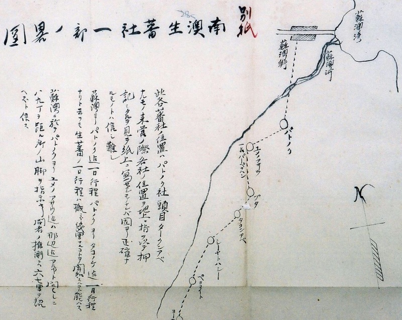 取自〈宜蘭地方ヘ學事視察ノ為唐澤孝次郎外一名復命書〉，《台灣總督府檔案》00004518011號 唐澤除了調查漢人的教育問題外，也調查了生熟番的大概，它的附件有較早的宜蘭地區各社分布圖，甚且參考價值， 這張「南澳生番社一部之略圖」，圖面上的註記，引用王學新的翻譯如下： 各蕃社位置為バトノク(PATONOKU)社頭目TAAKUNABE來營之際，用手指於地上畫出各社位置，再描於紙上者。 故原本就難以相信是正確的。 據其所言，由蘇澳至PATONOKU為一日行程，由PATONOKU至タコノケ（TAKONOKE）為一日行程，但生蕃之 一日行程究竟是幾里則無從得知。 於蘇澳方面詢問由PATONOKU至ユメノアサワ（YUMENOASAU為止究竟是到哪邊為止時，則指向距離八、九百 公尺處之山腳。根據問者之推測，相信不超過二十七、八公里。