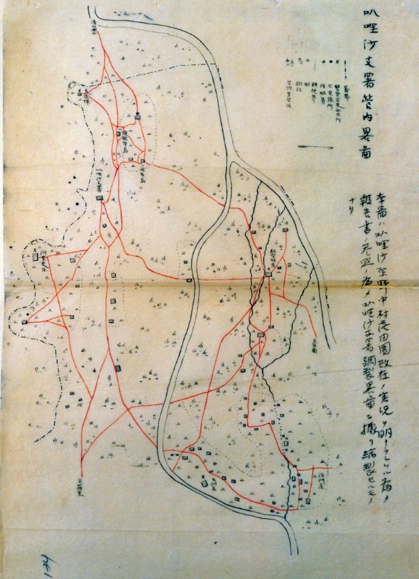 明治31年(1898)，叭哩沙支署管內略圖，取自《台灣總督府檔 案》00004218020 號， 本圖是野呂寧技手等人的〈宜蘭廳下視 察報告〉，圖上的文字說，本圖是為了表達叭哩沙各村庄分散的情形，由叭哩沙支署調製的。