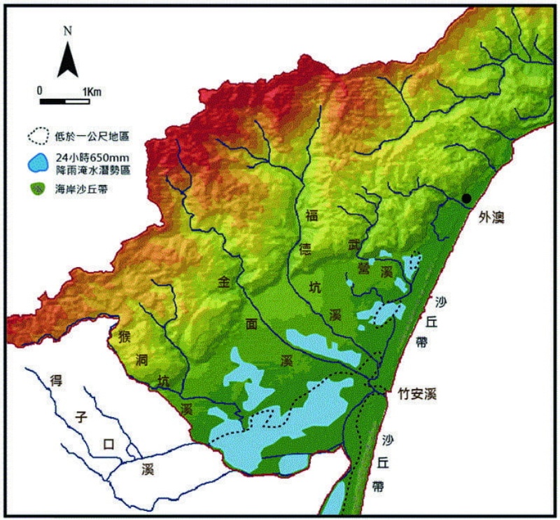 圖1-4-9 頭城地區淹水潛勢圖。（來源：依宜蘭縣防災資訊網資料繪製）