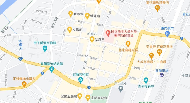 圖1：宜蘭城周邊廟宇。(來源：Google Map，瀏覽日期：2022年1月10日。)