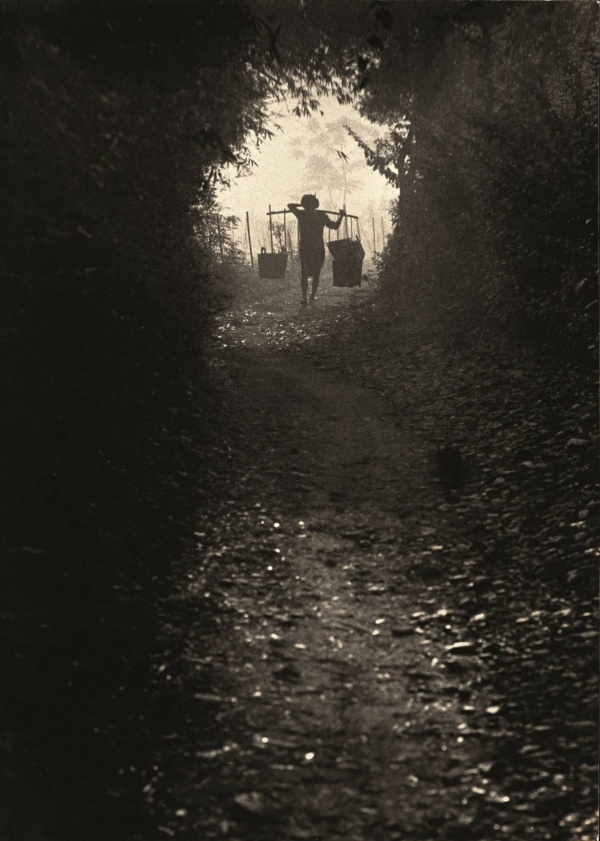 圖8：一位婦女天挑著沉重彎曲的扁擔，走過竹林隧道出口。