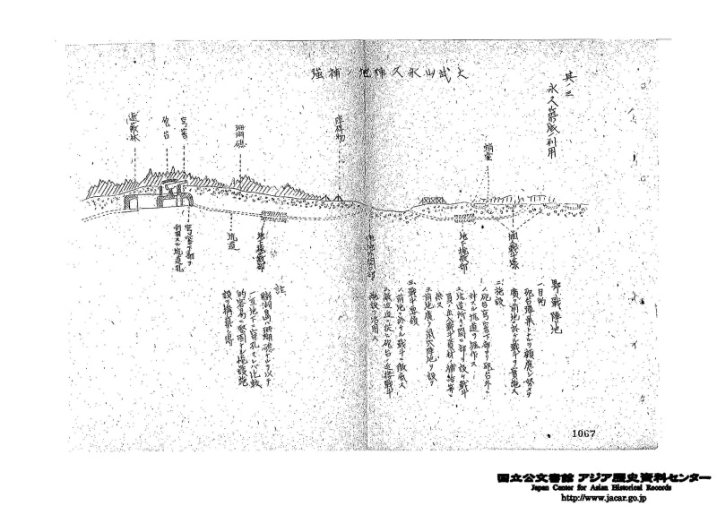 圖4：「台灣築城構想範例」其三～永久築城之利用。資料來源：〈附録・別冊其の2 台湾島築城計 画の大要〉，「第10方面軍作戦記録（台湾及南西諸島）」。日本國立公文書館亞細亞歷史資料中心， C11110388500，防衛省防衛研究所典藏。
