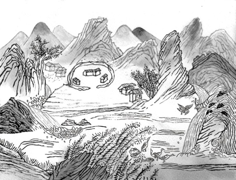 圖6：蘭陽八景之六-沙喃秋水，圖中註記月眉圍，在今三星市街，圖中還有很多芒草和水鳥，是蘭陽溪畔的景緻。當年這裡因為是漢人跟原住民交界 的地方，所以駐有重兵。有詩云：「磧石重重到處勻，青山四碧少居鄰。秋來積潦無邊闊，水色天光一鑑新。」