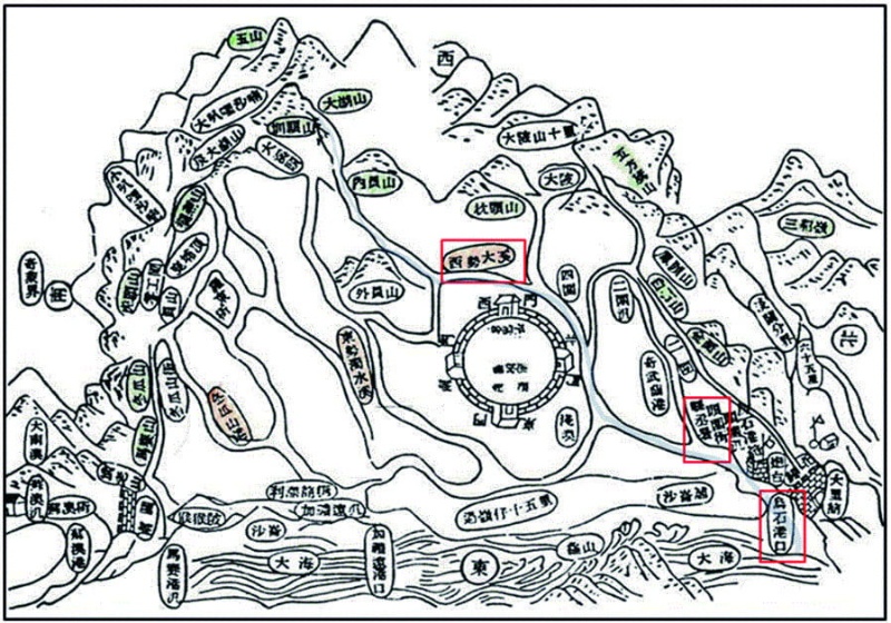 圖4：1852 年的噶瑪蘭廳地輿全圖顯示西勢大溪在烏石港出海。 ( 來源：噶瑪蘭廳志。)