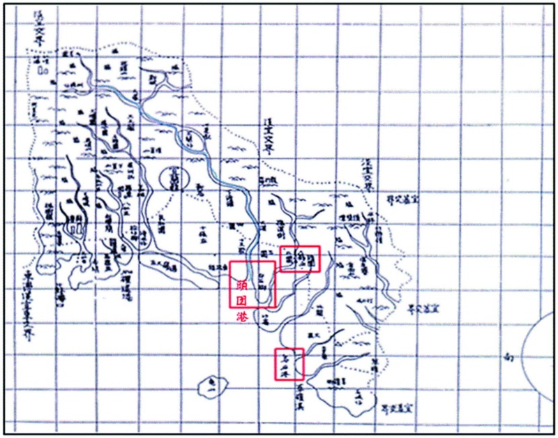 圖5：1888年的宜蘭縣圖顯示西勢大溪已南遷改在打馬烟出海。 ( 來源：臺灣地輿總圖之宜蘭縣圖。)