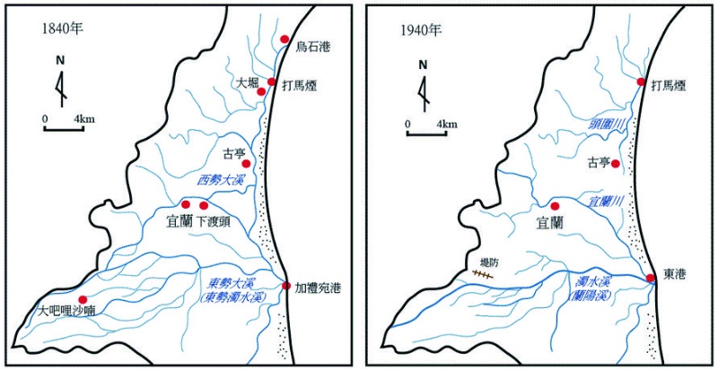 圖6：西勢大溪河道與頭圍港口的變遷示意圖。 ( 來源：張政亮繪製。)