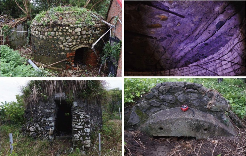 圖1：左上-壯圍復興村紅葉路26號民宅旁，ＲＣ ＋砌磚＋砌石構造的碉堡。 / 右上-壯圍復興村紅葉路26號民宅旁碉堡內 部，可見蓋頂原木板模痕跡。 / 左下-烏石港北側砌石碉堡。 / 右下-烏石港北側預製水泥涵管防空壕。