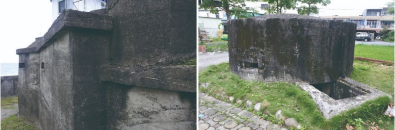 圖13：日軍碉堡：頂蓋多數有外懸及少數頂蓋會陡內縮加厚，少數錐狀頂蓋無外懸。 / 國軍碉堡：無錐狀頂蓋、頂蓋無外懸、頂蓋緩內縮。