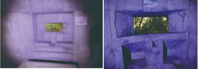 圖16：日軍碉堡：射口以直角接牆體。 / 國軍碉堡：射口以斜角接牆體。