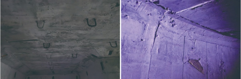 圖19：日軍碉堡：軌道鋼條作為倒吊支撐之殘餘鐵線，板 模痕跡較不明顯。 / 國軍碉堡：板模痕跡較明顯。