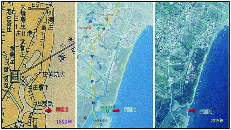 圖4：1899 年「頭圍郵便電信局市內外集配線路圖」與近期衛星影像之對比示意圖。 （來源：1.《. 臺灣交通要覽〈完〉》，2. 中研院台灣百年歷史地圖網站)