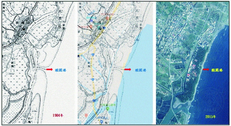 圖5：1904 年測製的「台灣堡圖」中的頭圍港地區和近期衛星影像對比圖。 ( 來源：中研院台灣百年歷史地圖網站)