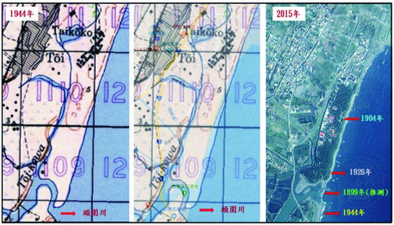 圖7：1944年美軍繪製五萬分之一的頭圍川地區和近期衛星影像對比圖。 ( 來源：中研院台灣百年歷史地圖網站)