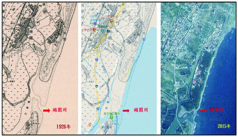 圖6：1926 年日本測製的「台灣地形圖」中的頭圍川地區和近期衛星影像對比圖。 ( 來源：中研院台灣百年歷史地圖網站)