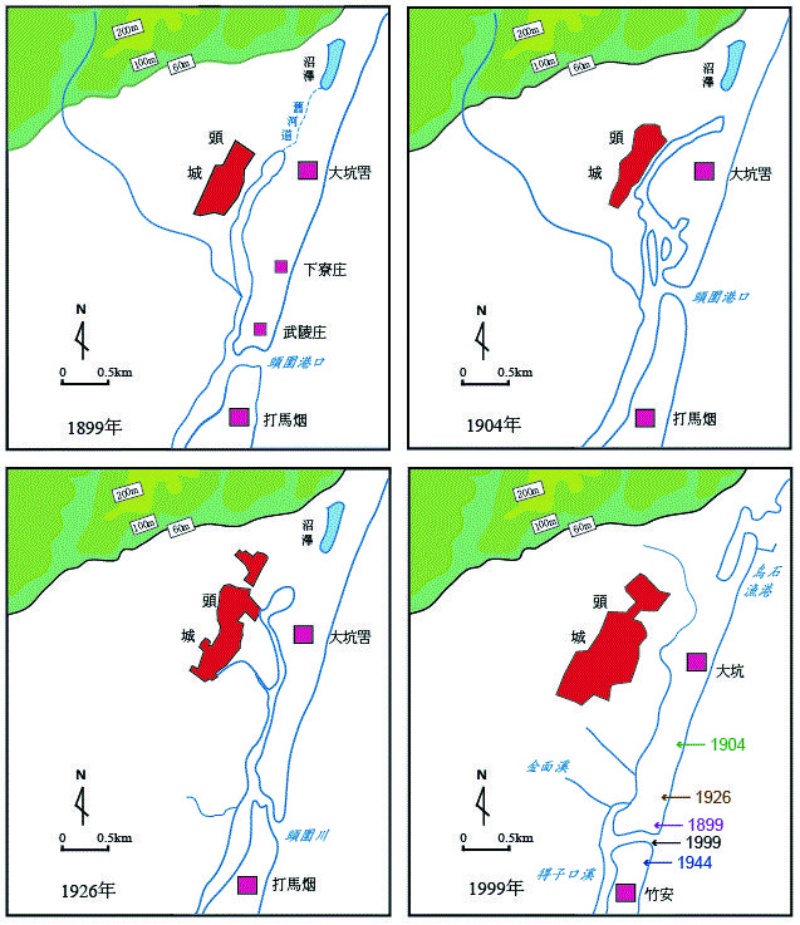 圖8：1899年至1999年的頭圍港口百年間的變遷示意圖。 （來源：張政亮繪製）