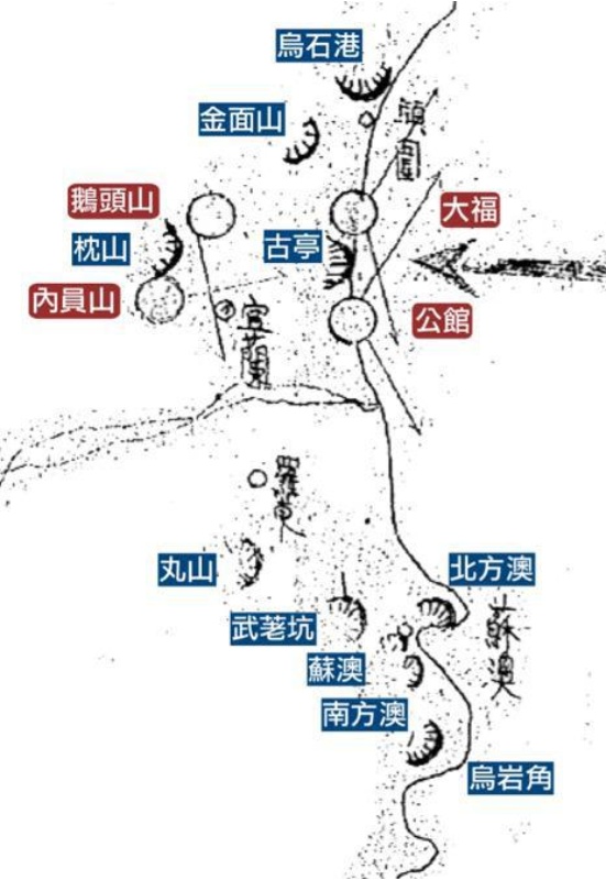 圖2：〈台湾島築城計画〉之蘭陽地區要塞及陣地分佈位置圖。 本研究繪製標示。