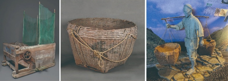 圖1：脫穀機(機器桶)；圖2：米籮；圖3：擔米籮的農夫模型。