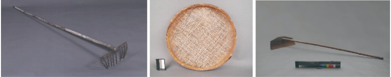 圖4：鐵耙(鐵抓仔)；圖5：竹篩；圖6：曬穀耙(耙抔仔)。