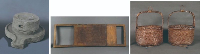 圖13：石磨；圖14：米苔目剉；圖15：點心擔(籃)。