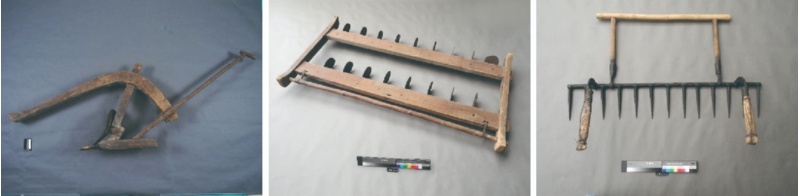 圖16：牛犁；圖17：割耙(刈耙)；圖18：手耙。