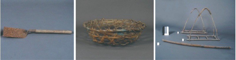 圖25：秧苗鏟；圖26：秧苗簍(秧披仔)；圖27：圖片27 秧苗擔(秧擔仔)。