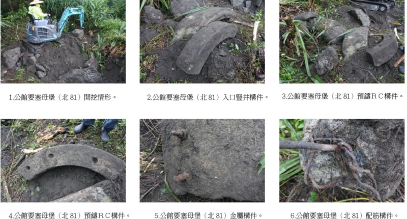 圖2：1.公館要塞母堡(北81)開挖情形2.公館要塞母堡(北81)入口豎井構件3.公館要塞母堡(北81)預鑄RC構件之1 4.公館要塞母堡(北81)預祝RC構件之2 5.公館要塞母堡(北81)金屬構件 6.公館要塞母堡(北81)配筋構件。